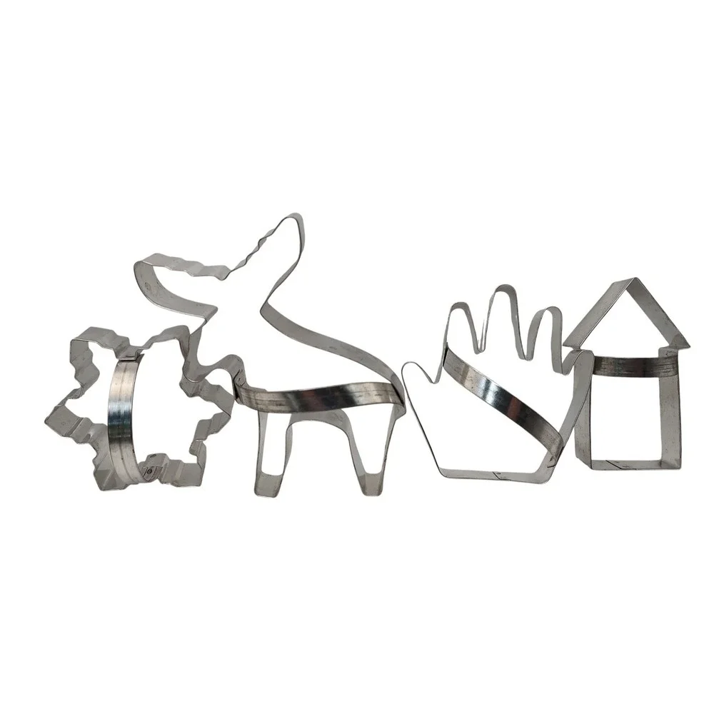 Large Vintage Cookie Cutters Snowflake Moose Hand House with Handles Set of Four